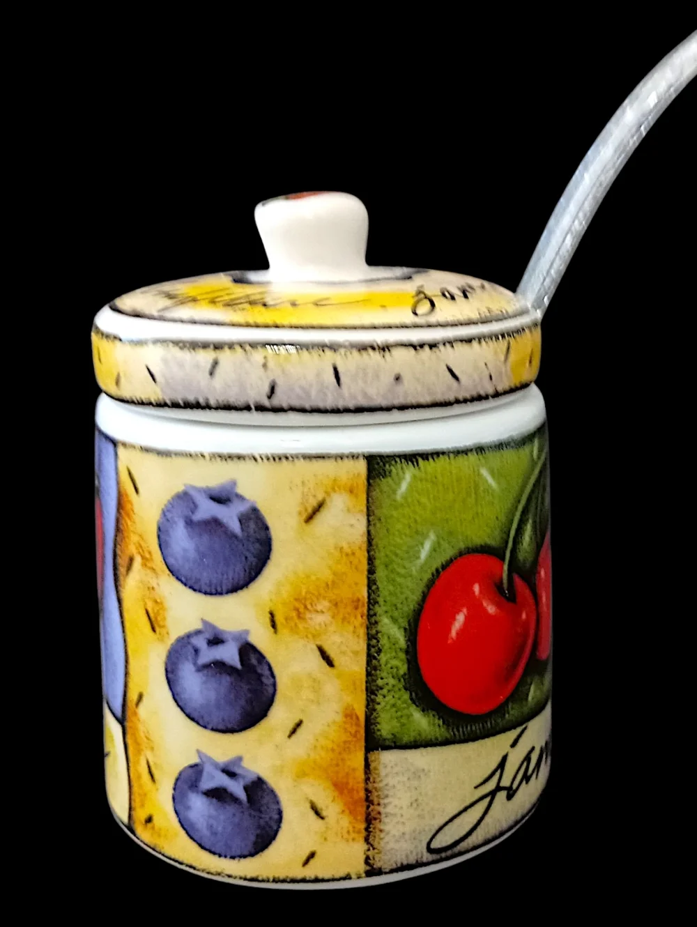 Vintage MSC Joie De‎ Vivre Ceramic Jam Jelly Jar Lid Spoon Fruit Confiture Pot